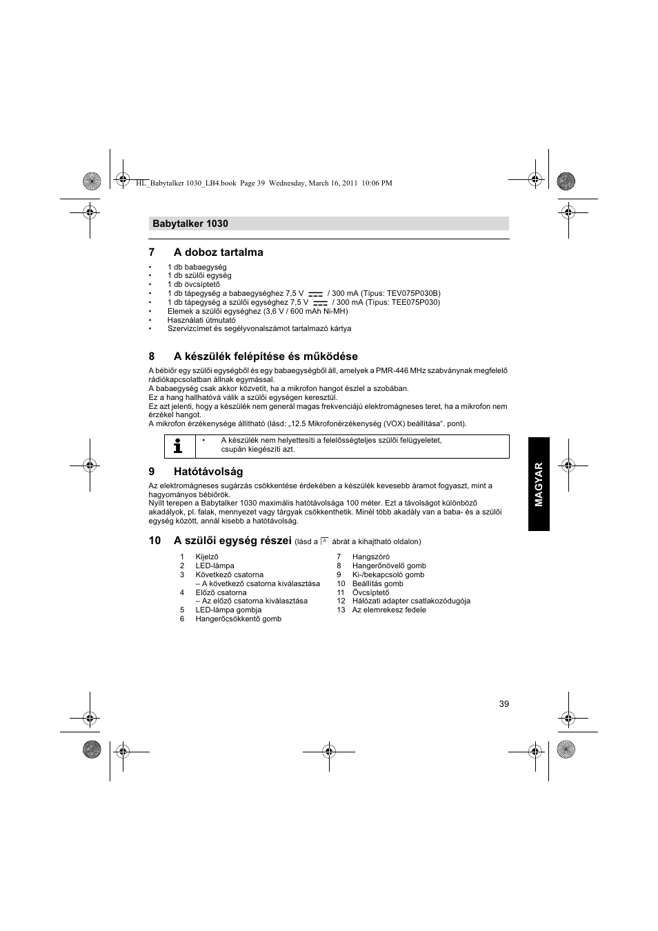 7a doboz tartalma, 8a készülék felépítése és mködése, 9hatótávolság | 10 a szüli egység részei, Babytalker 1030 ma gyar | Silvercrest BABYTALKER 1030 User Manual | Page 39 / 108