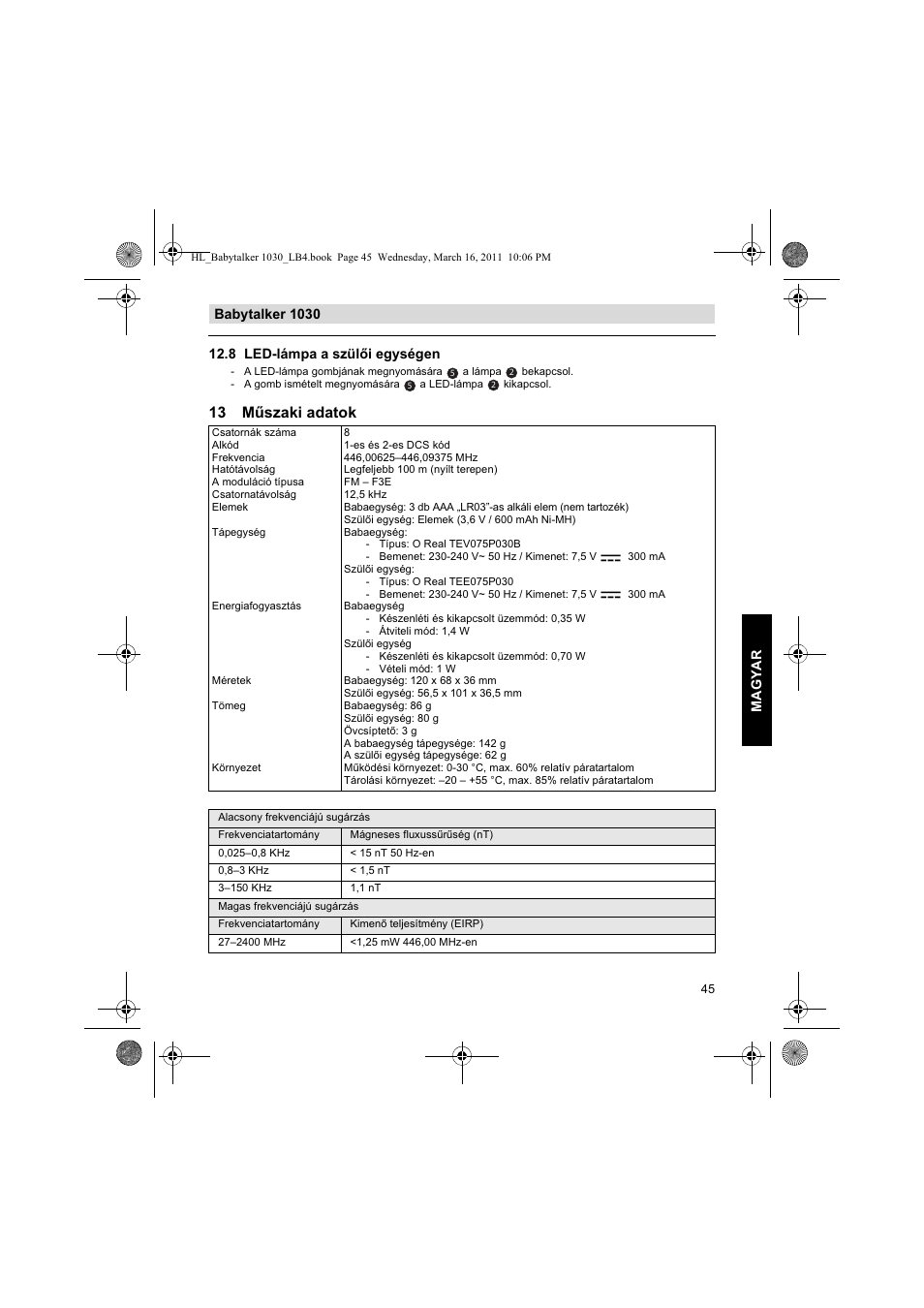 13 mszaki adatok | Silvercrest BABYTALKER 1030 User Manual | Page 45 / 108