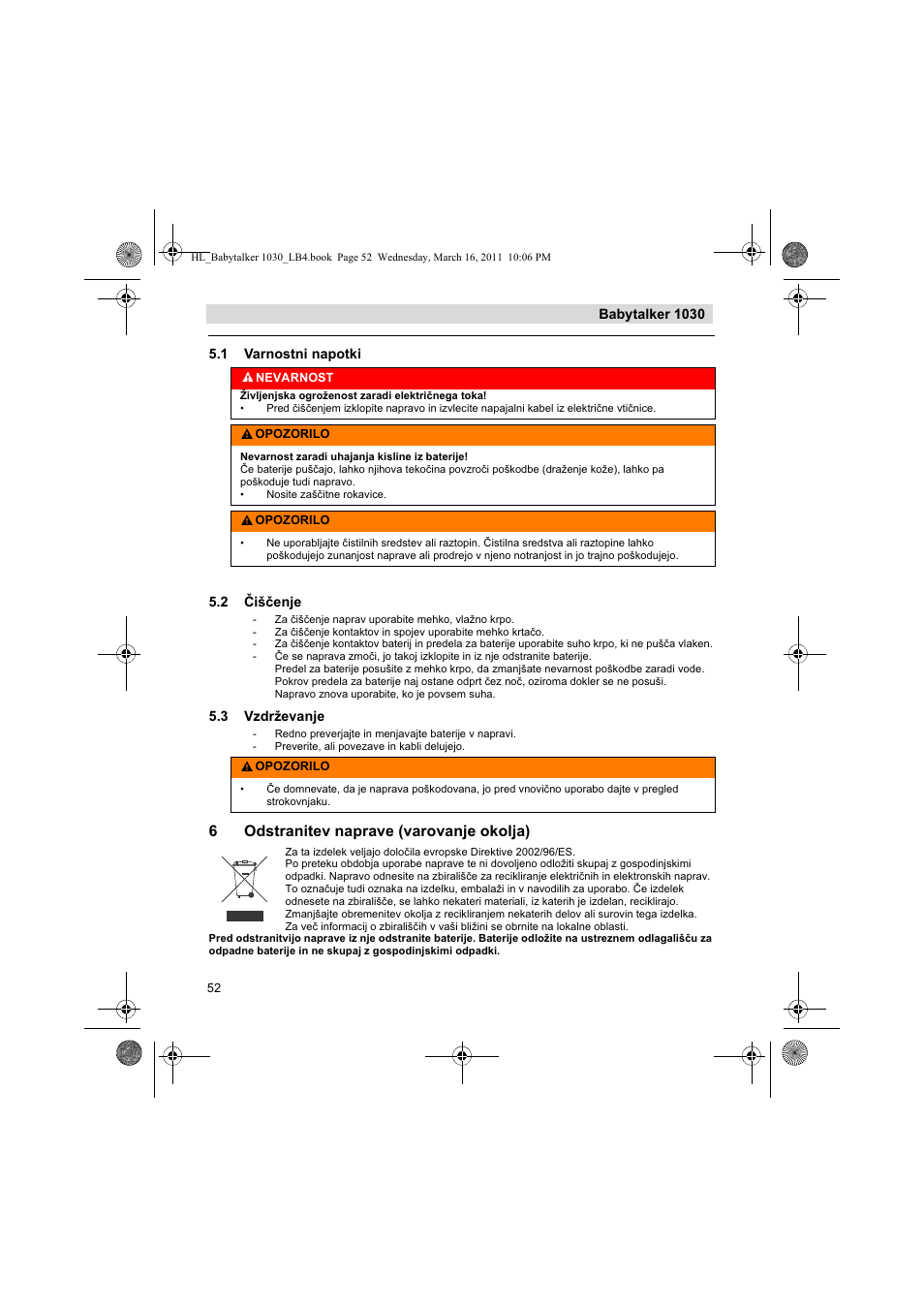 6odstranitev naprave (varovanje okolja) | Silvercrest BABYTALKER 1030 User Manual | Page 52 / 108