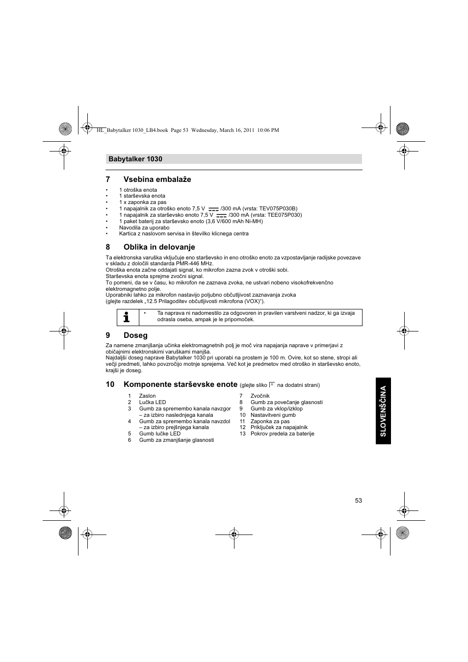 7vsebina embalaže, 8oblika in delovanje, 9doseg | Babytalker 1030 slovenšina | Silvercrest BABYTALKER 1030 User Manual | Page 53 / 108