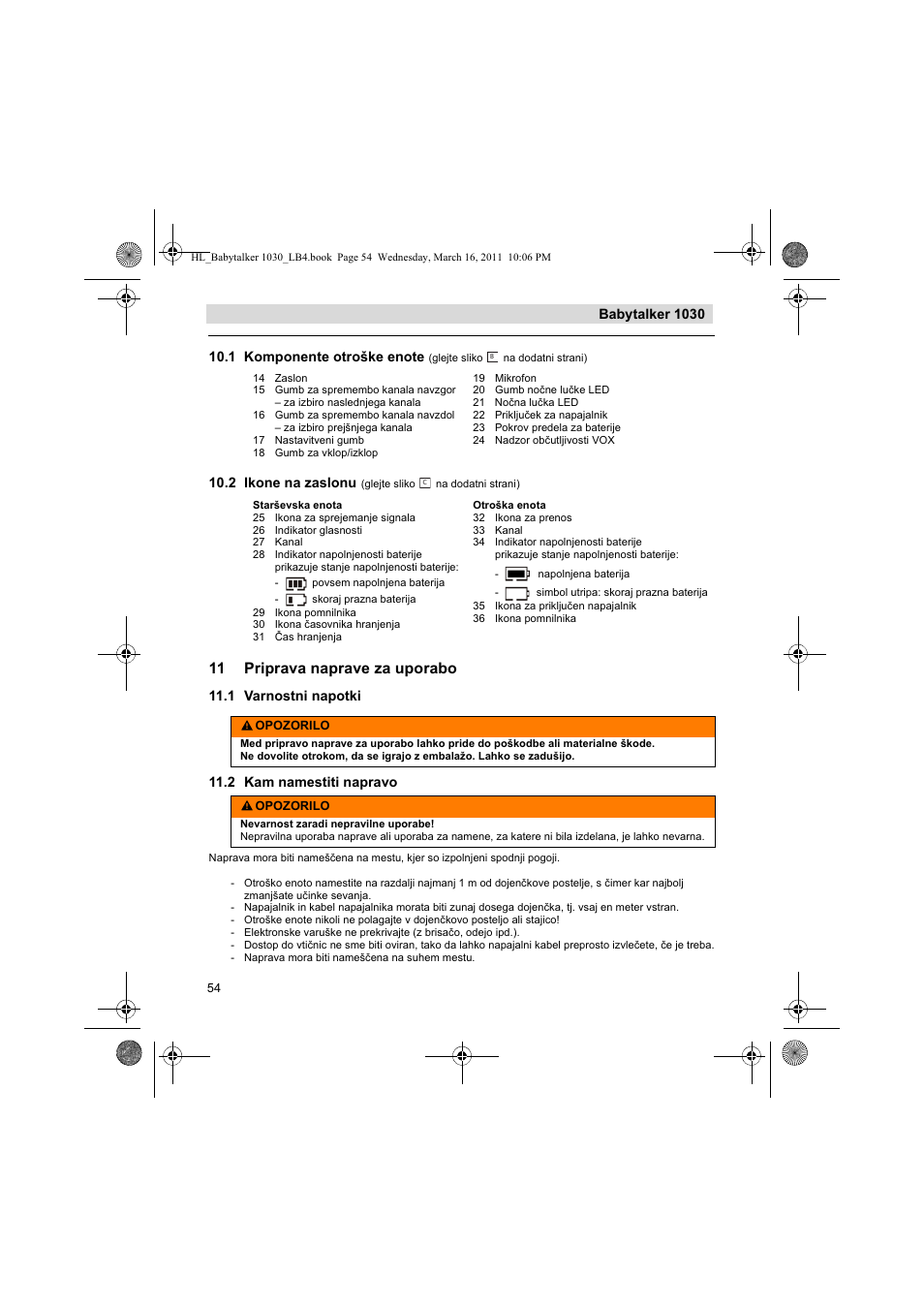 11 priprava naprave za uporabo, Babytalker 1030, 2 ikone na zaslonu | 1 varnostni napotki 11.2 kam namestiti napravo | Silvercrest BABYTALKER 1030 User Manual | Page 54 / 108