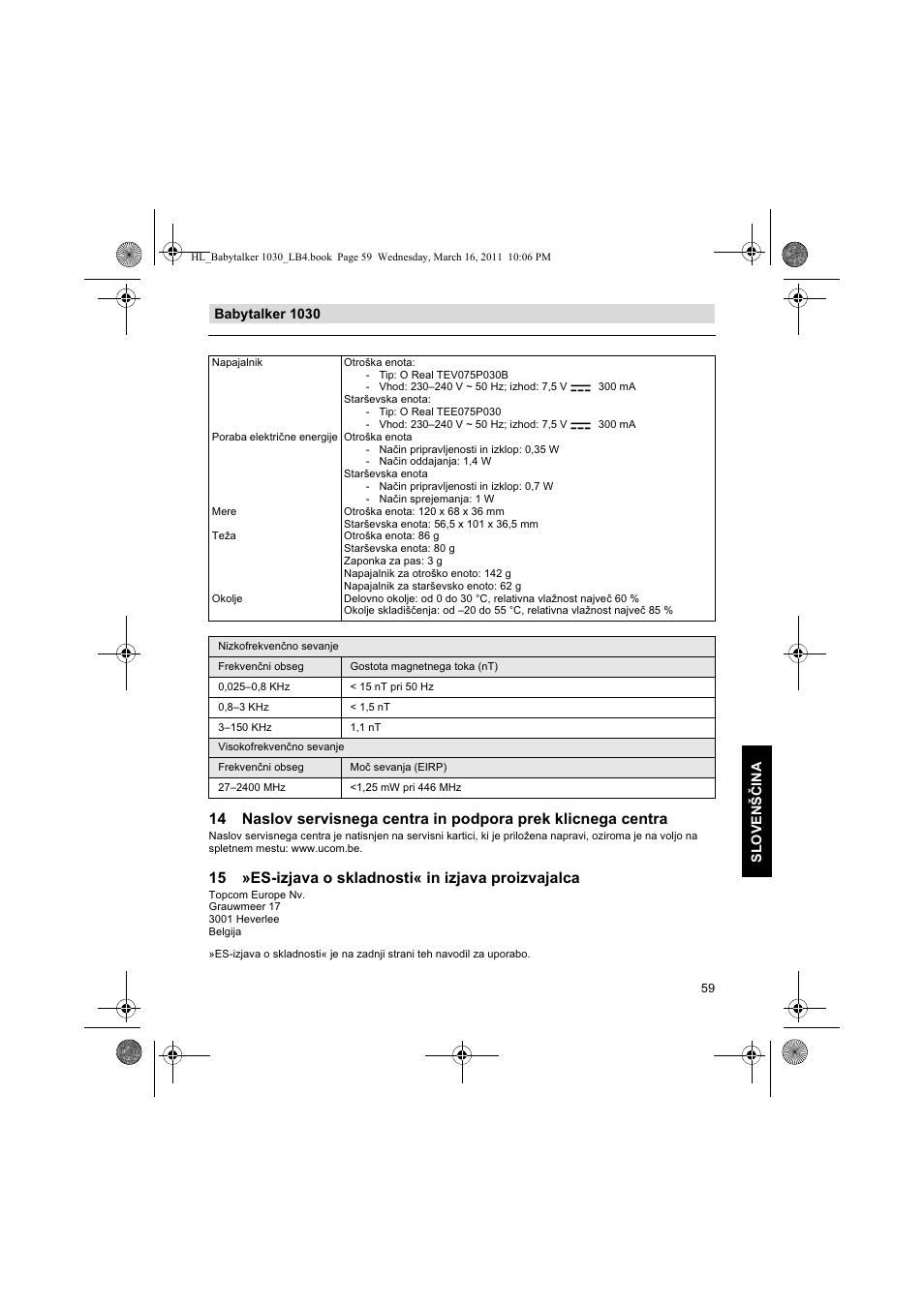 15 »es-izjava o skladnosti« in izjava proizvajalca, Babytalker 1030 slovenšina | Silvercrest BABYTALKER 1030 User Manual | Page 59 / 108