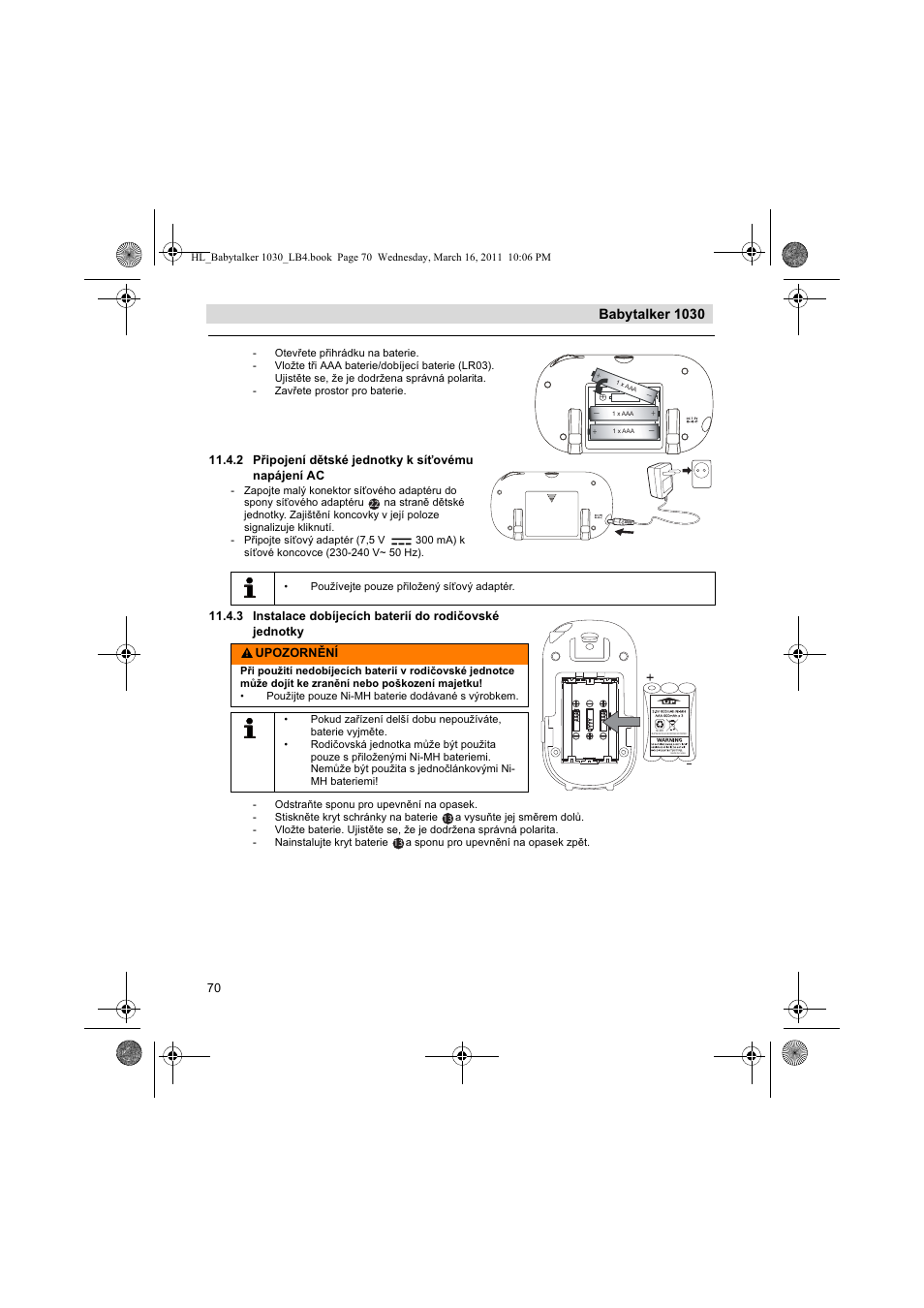 Babytalker 1030, 2 pipojení dtské jednotky k síovému napájení ac, Upozornní | Silvercrest BABYTALKER 1030 User Manual | Page 70 / 108