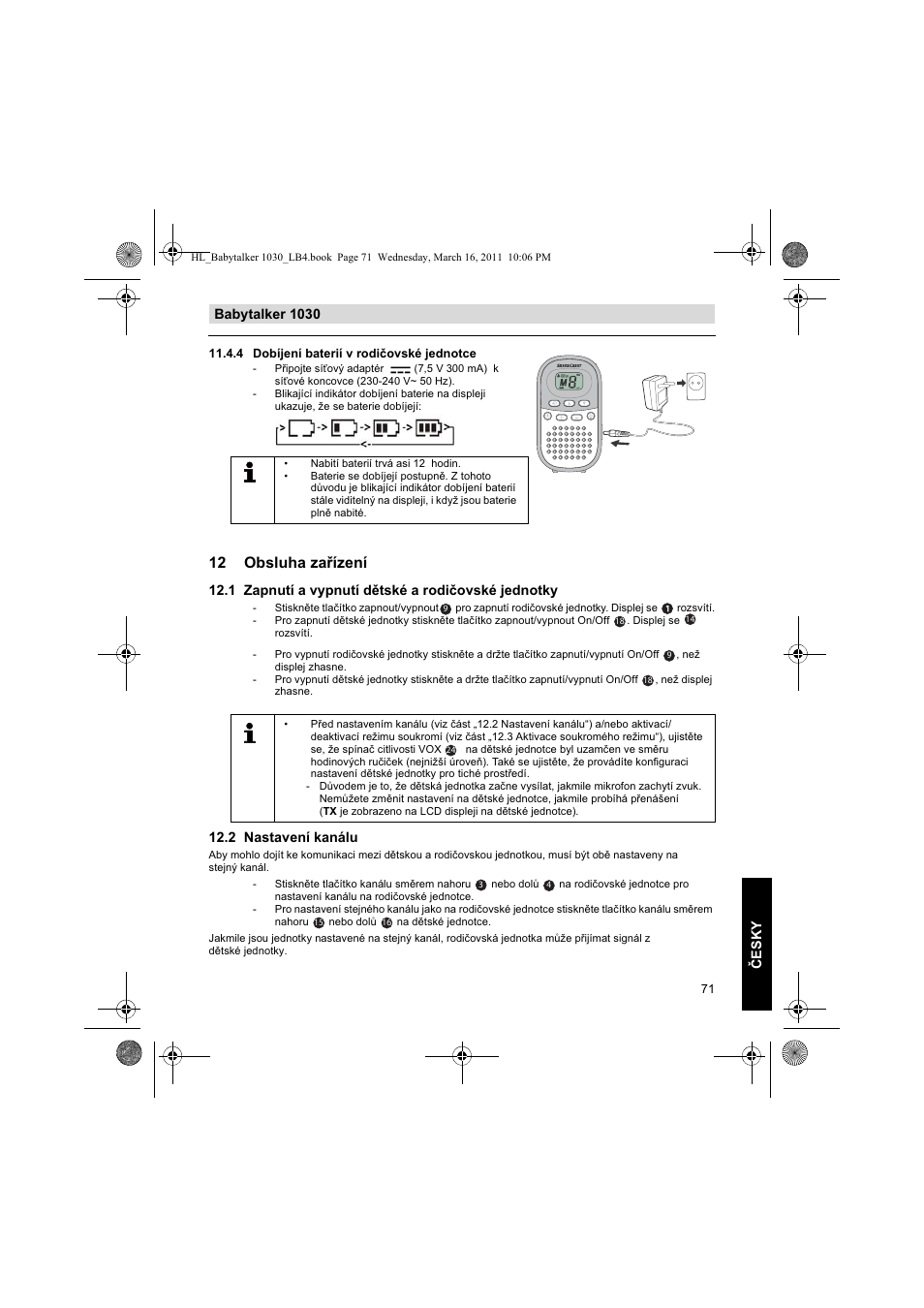 12 obsluha zaízení, Babytalker 1030 esky, 1 zapnutí a vypnutí dtské a rodiovské jednotky | 2 nastavení kanálu | Silvercrest BABYTALKER 1030 User Manual | Page 71 / 108