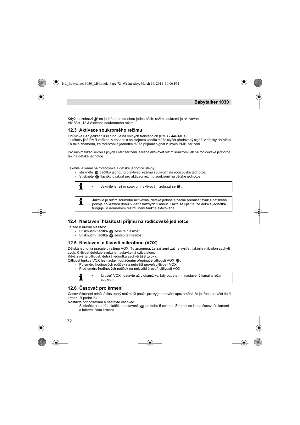 Babytalker 1030, 3 aktivace soukromého režimu, 5 nastavení citlivosti mikrofonu (vox) | 6 asova pro krmení | Silvercrest BABYTALKER 1030 User Manual | Page 72 / 108