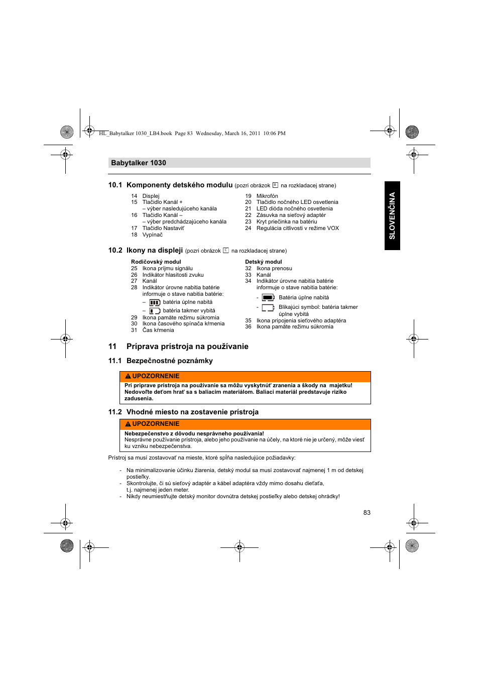 11 príprava prístroja na používanie, 2 ikony na displeji | Silvercrest BABYTALKER 1030 User Manual | Page 83 / 108