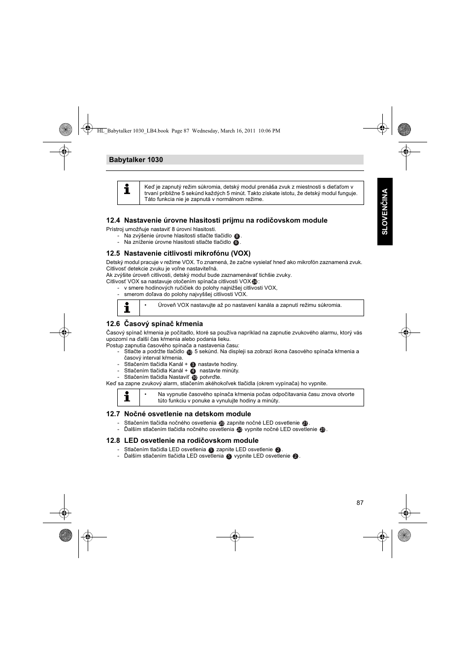 5 nastavenie citlivosti mikrofónu (vox), 6 asový spína kmenia, 7 noné osvetlenie na detskom module | 8 led osvetlenie na rodiovskom module | Silvercrest BABYTALKER 1030 User Manual | Page 87 / 108