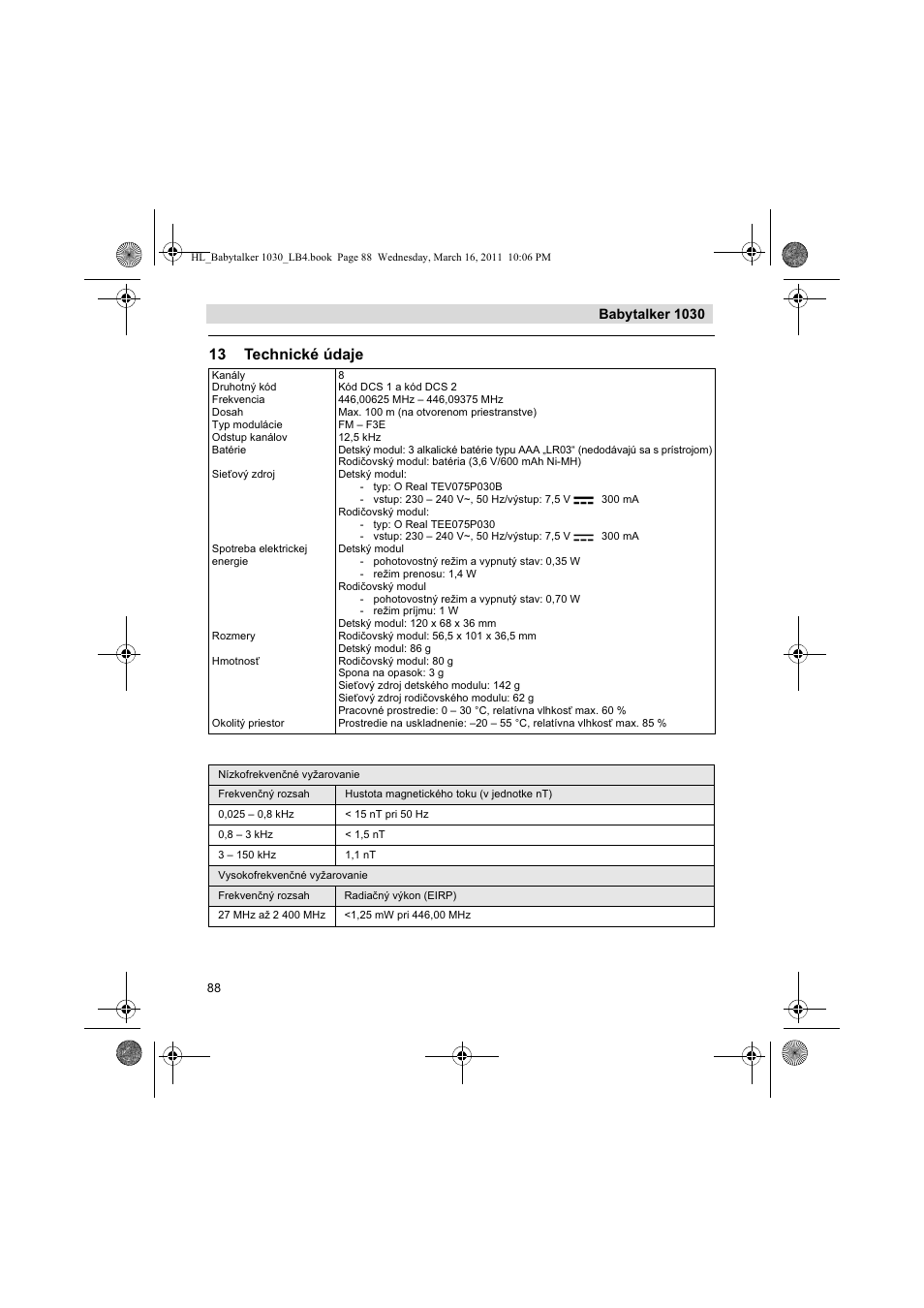 13 technické údaje, Babytalker 1030 | Silvercrest BABYTALKER 1030 User Manual | Page 88 / 108