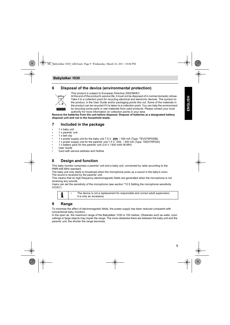 6disposal of the device (environmental protection), 7included in the package, 8design and function | 9range | Silvercrest BABYTALKER 1030 User Manual | Page 9 / 108