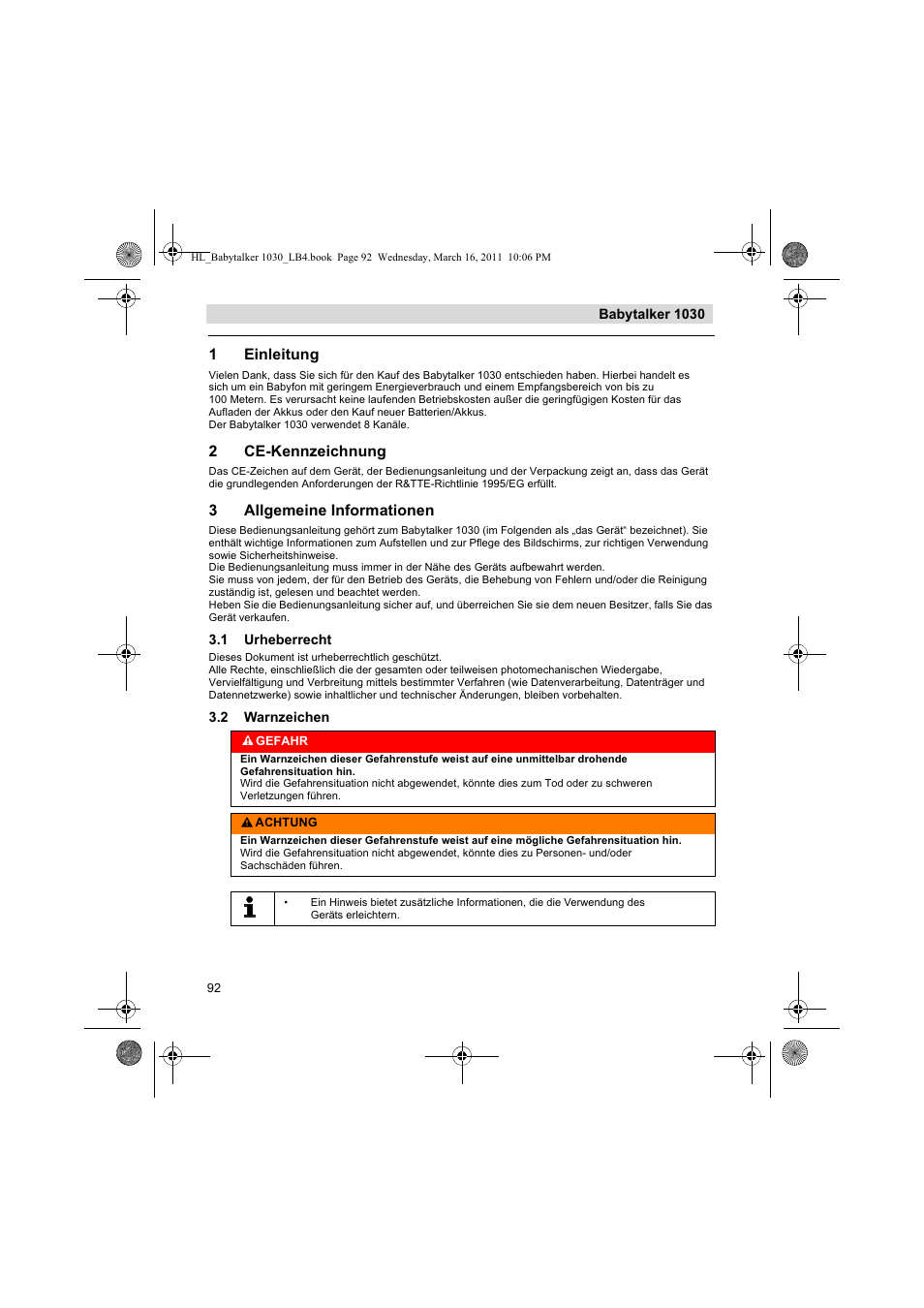 1einleitung, 2ce-kennzeichnung, 3allgemeine informationen | Silvercrest BABYTALKER 1030 User Manual | Page 92 / 108