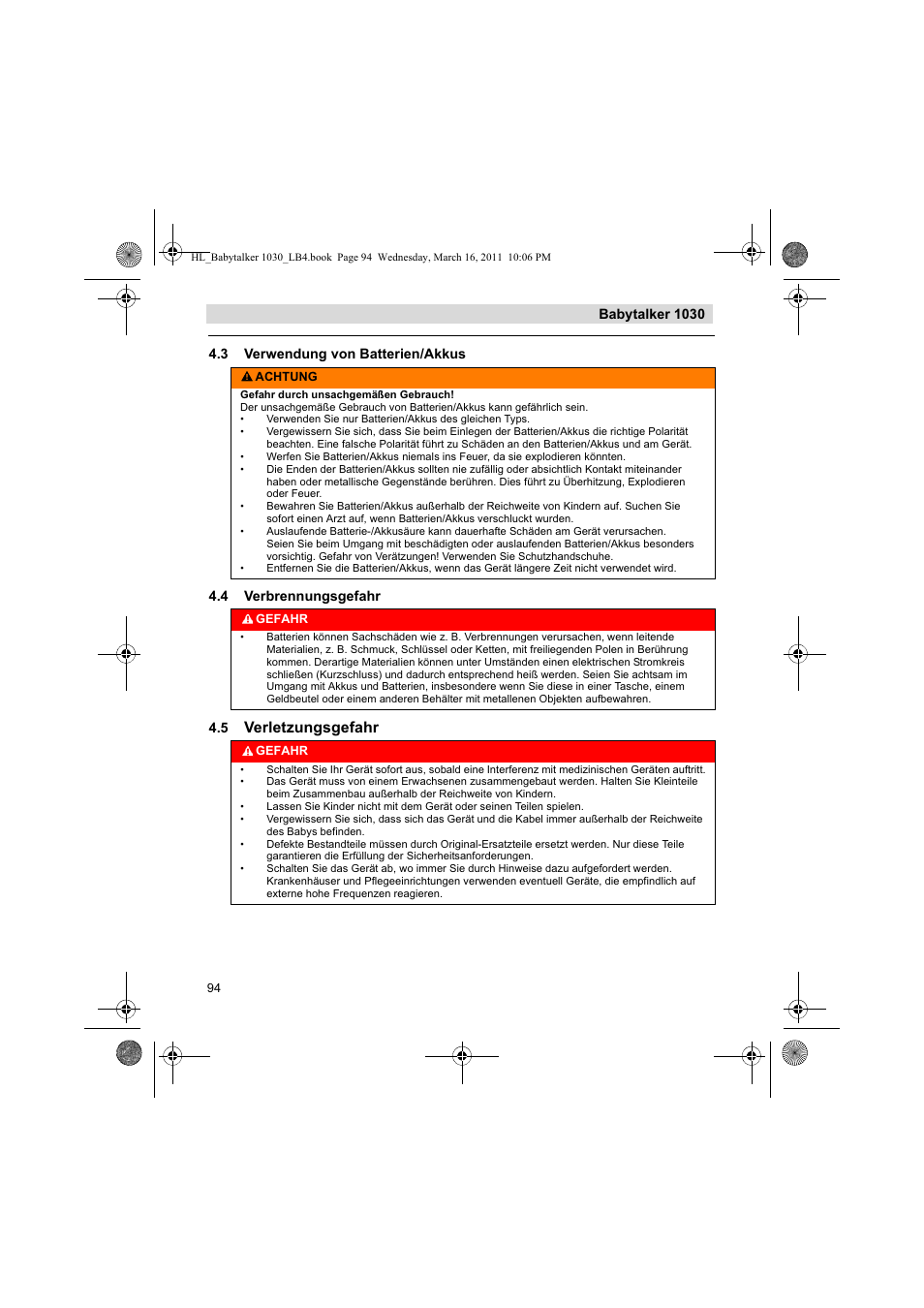 Verletzungsgefahr, Babytalker 1030 | Silvercrest BABYTALKER 1030 User Manual | Page 94 / 108