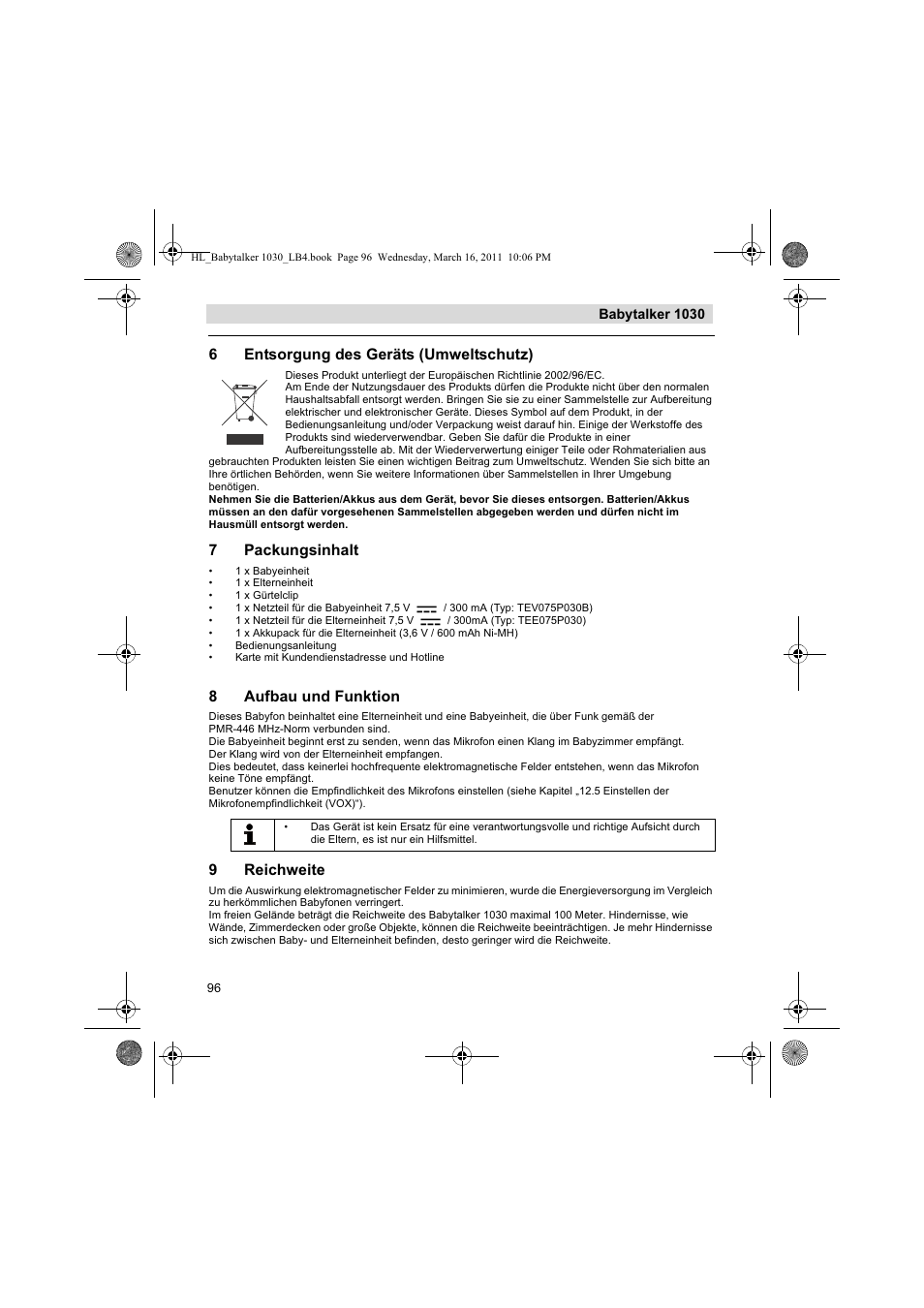 6entsorgung des geräts (umweltschutz), 7packungsinhalt, 8aufbau und funktion | 9reichweite | Silvercrest BABYTALKER 1030 User Manual | Page 96 / 108