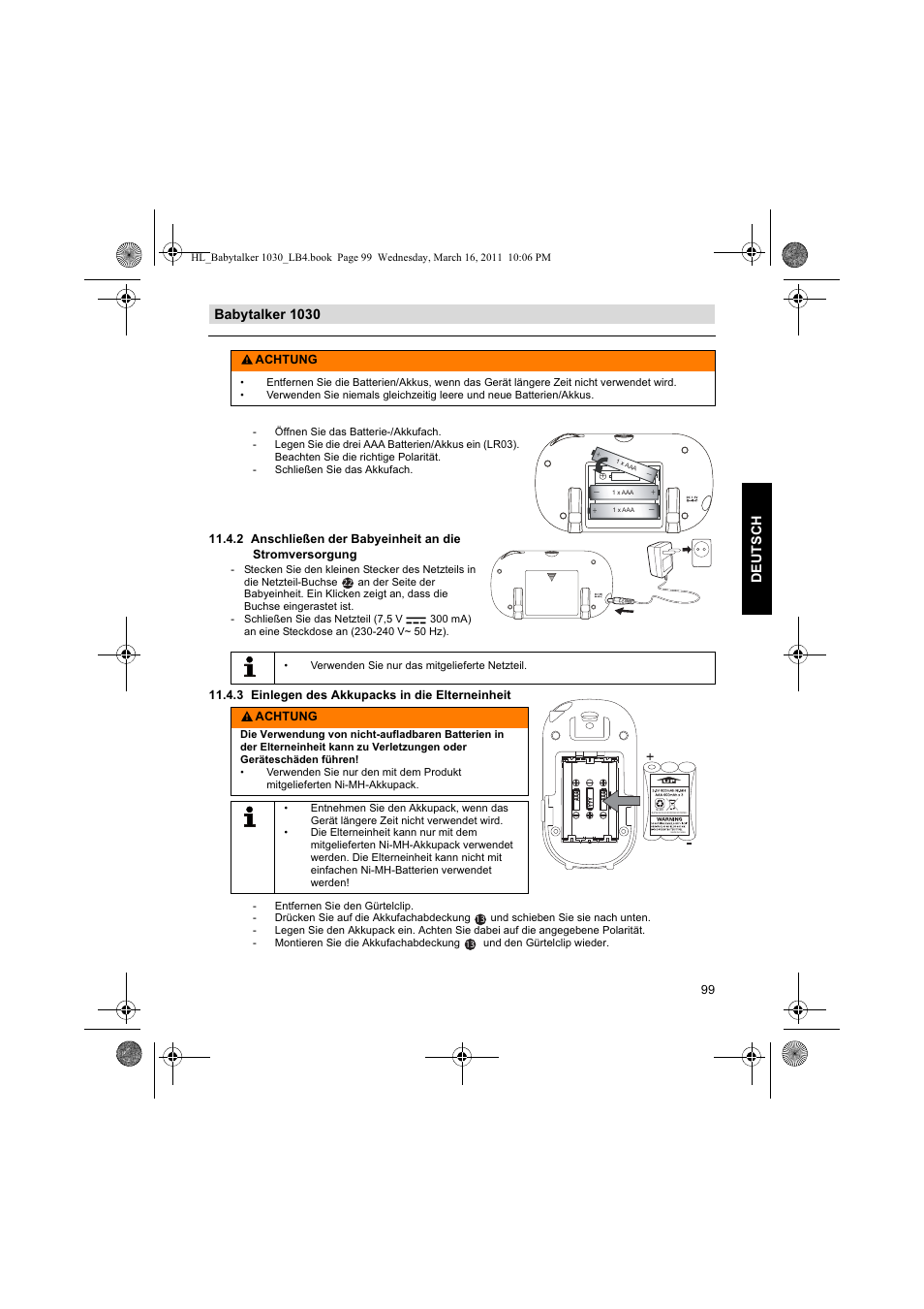 Babytalker 1030 deutsch, 3 einlegen des akkupacks in die elterneinheit, Achtung | Silvercrest BABYTALKER 1030 User Manual | Page 99 / 108