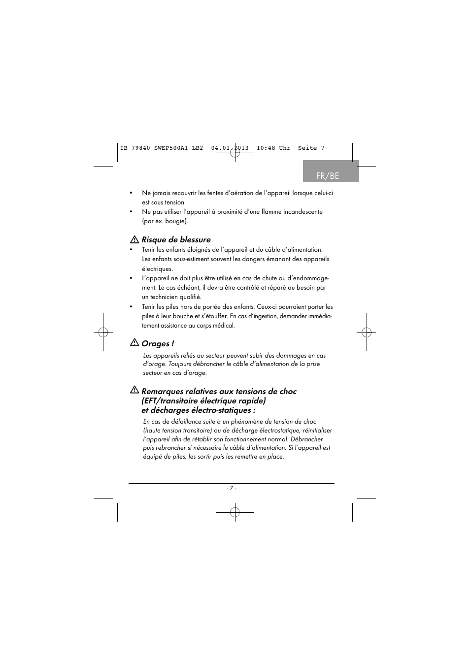 Fr/be, Risque de blessure, Orages | Silvercrest SWEP 500 A1 User Manual | Page 10 / 131