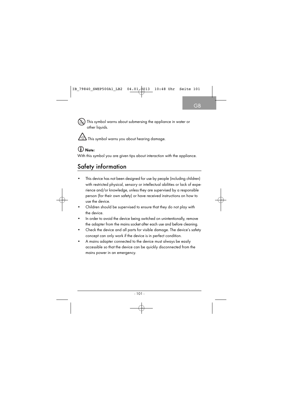 Safety information | Silvercrest SWEP 500 A1 User Manual | Page 104 / 131