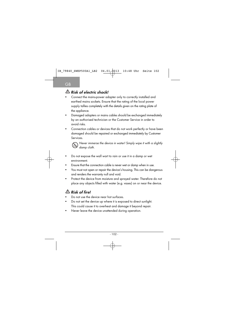 Risk of electric shock, Risk of fire | Silvercrest SWEP 500 A1 User Manual | Page 105 / 131