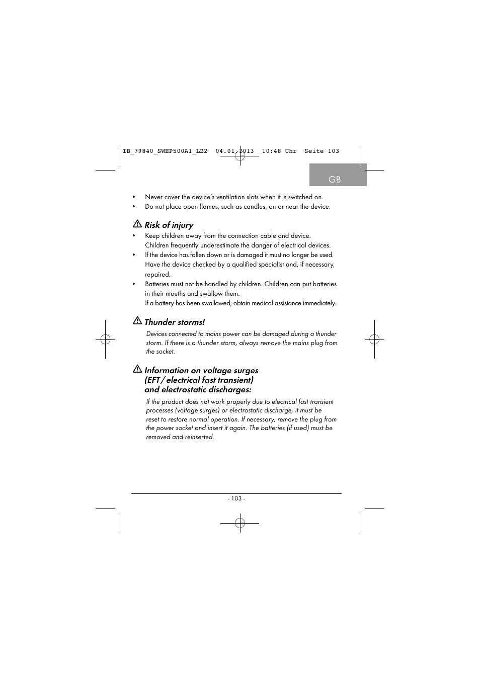 Risk of injury, Thunder storms | Silvercrest SWEP 500 A1 User Manual | Page 106 / 131