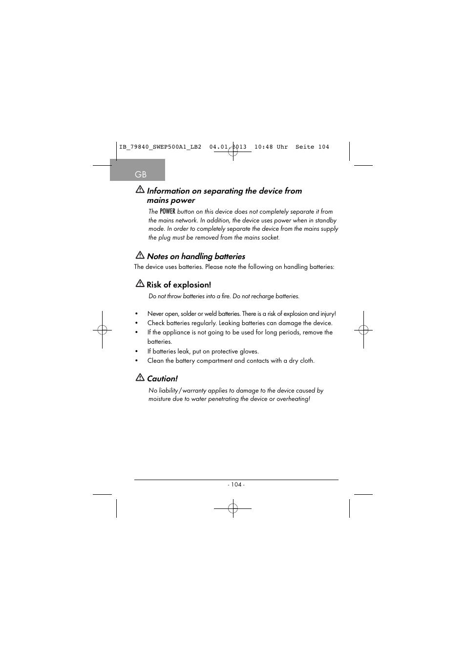 Risk of explosion, Caution | Silvercrest SWEP 500 A1 User Manual | Page 107 / 131