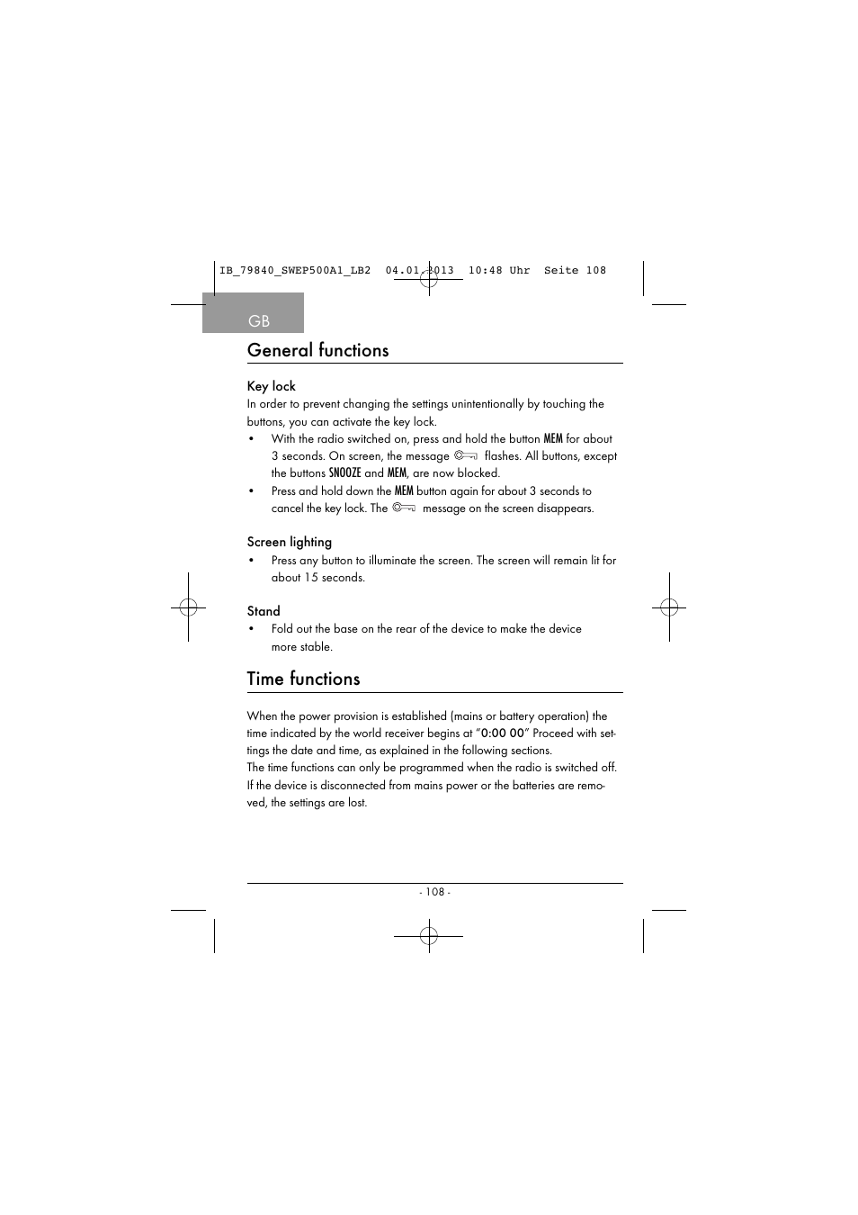 General functions, Time functions | Silvercrest SWEP 500 A1 User Manual | Page 111 / 131