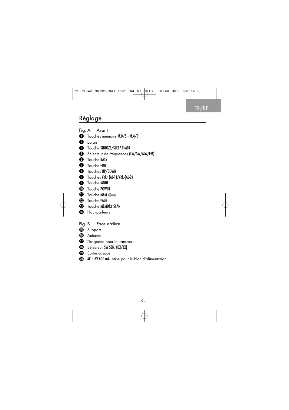 Réglage, Fr/be | Silvercrest SWEP 500 A1 User Manual | Page 12 / 131