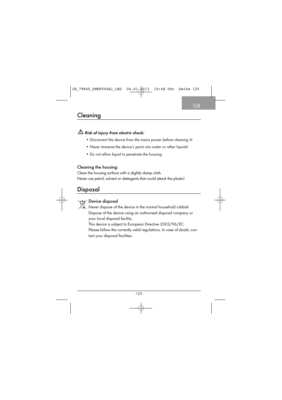 Cleaning, Disposal | Silvercrest SWEP 500 A1 User Manual | Page 128 / 131