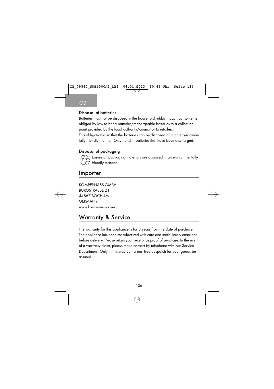 Importer, Warranty & service | Silvercrest SWEP 500 A1 User Manual | Page 129 / 131