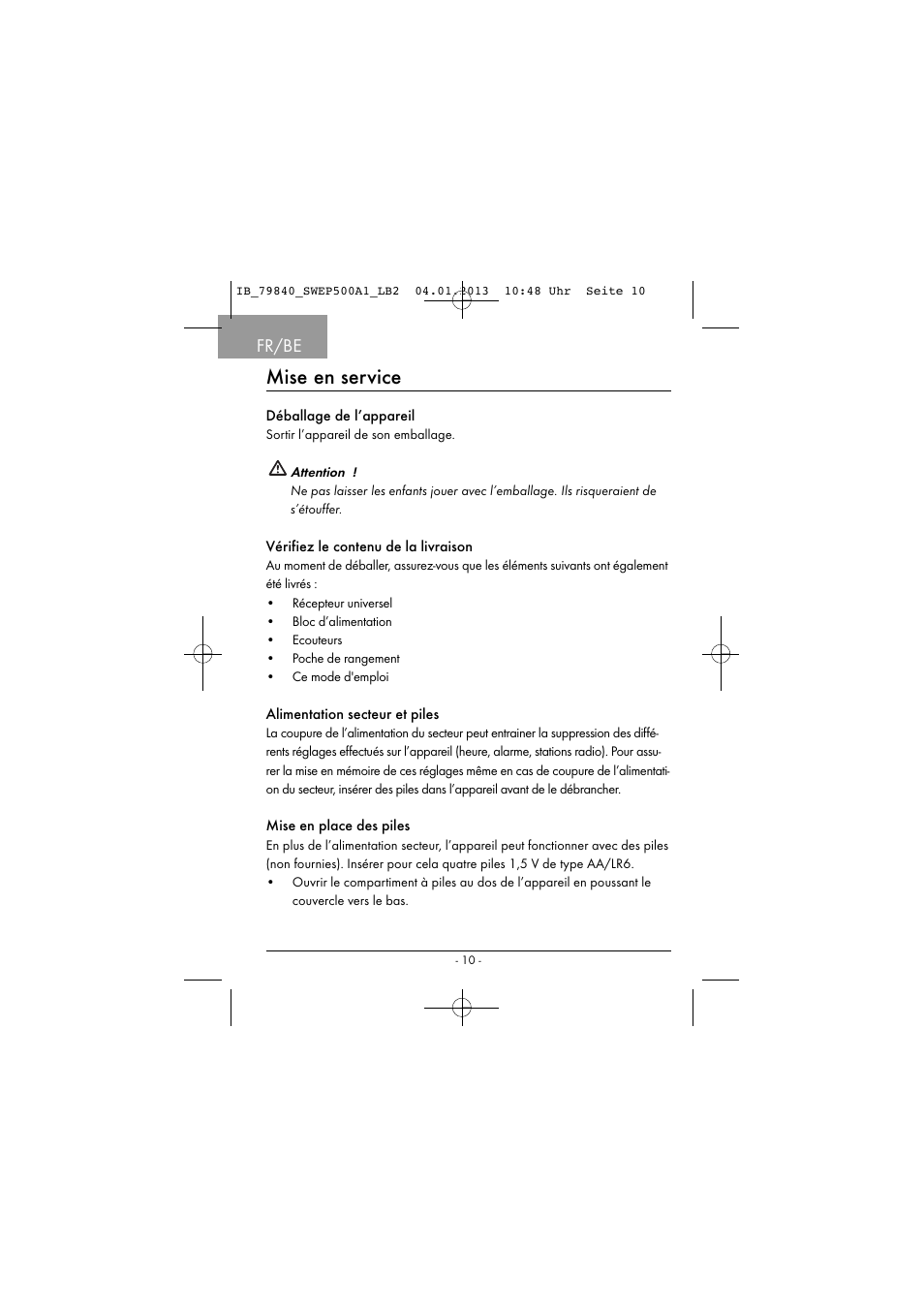 Mise en service, Fr/be | Silvercrest SWEP 500 A1 User Manual | Page 13 / 131