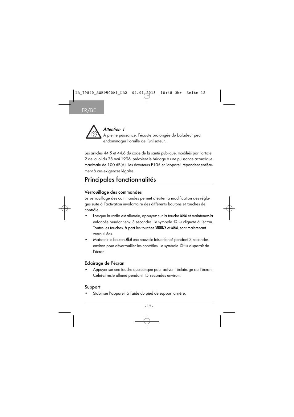 Principales fonctionnalités, Fr/be | Silvercrest SWEP 500 A1 User Manual | Page 15 / 131
