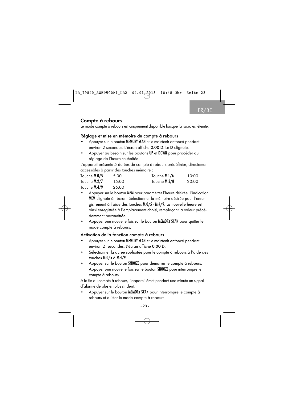 Fr/be, Compte à rebours | Silvercrest SWEP 500 A1 User Manual | Page 26 / 131