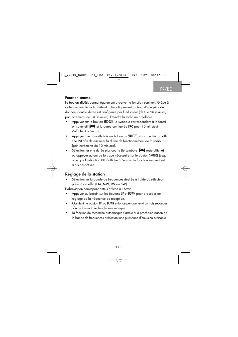 Fr/be, Réglage de la station | Silvercrest SWEP 500 A1 User Manual | Page 28 / 131