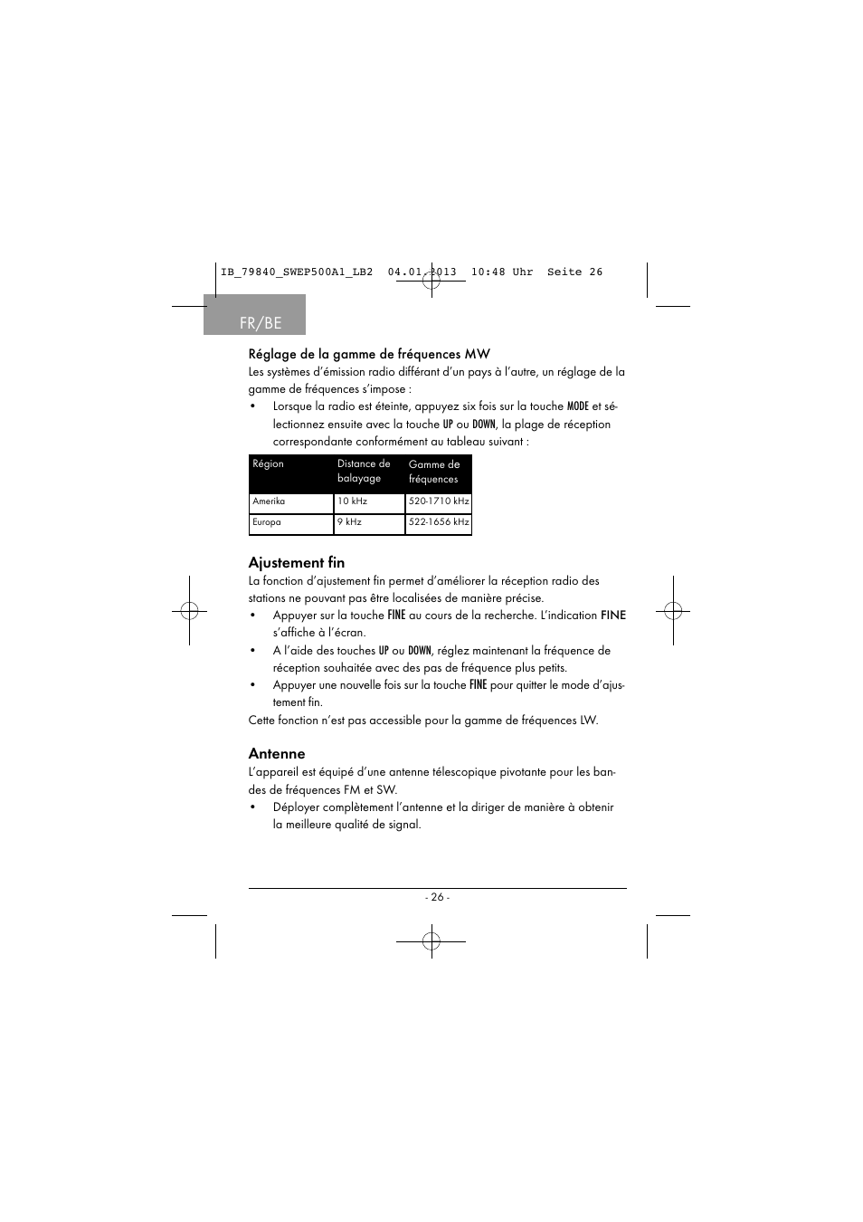 Fr/be, Ajustement fin, Antenne | Réglage de la gamme de fréquences mw, Fine | Silvercrest SWEP 500 A1 User Manual | Page 29 / 131