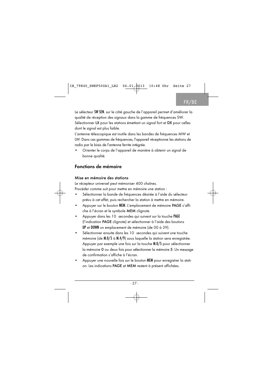 Fr/be, Fonctions de mémoire | Silvercrest SWEP 500 A1 User Manual | Page 30 / 131