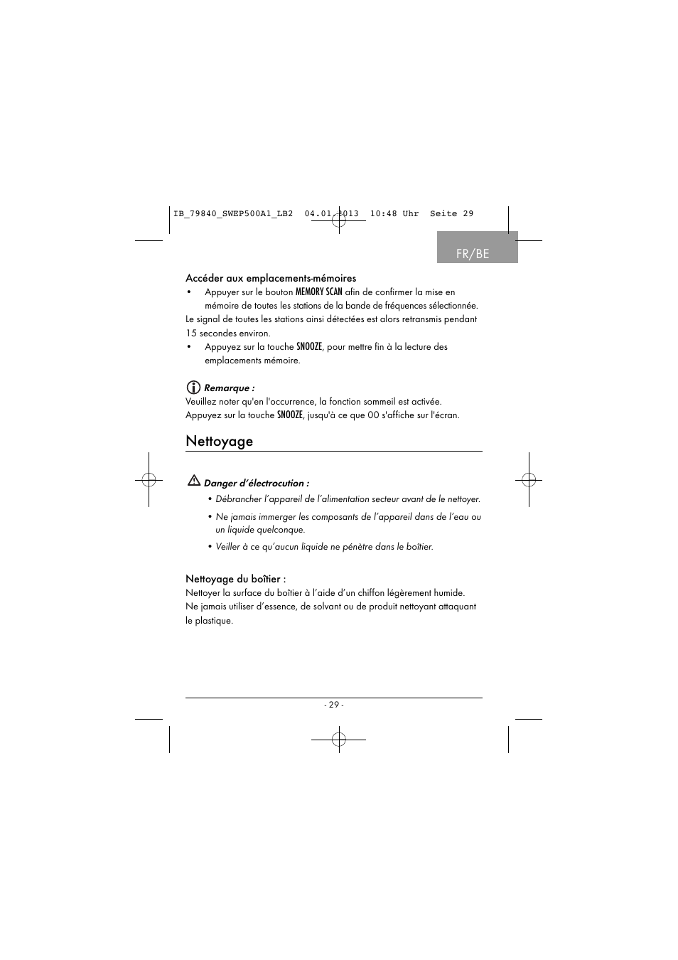 Nettoyage, Fr/be | Silvercrest SWEP 500 A1 User Manual | Page 32 / 131