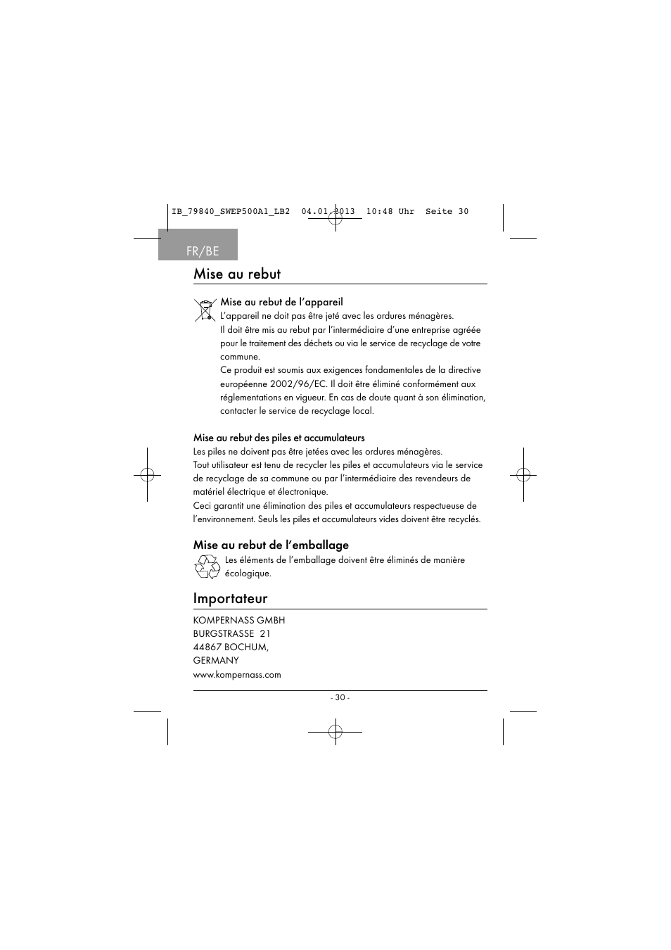 Mise au rebut, Importateur, Fr/be | Silvercrest SWEP 500 A1 User Manual | Page 33 / 131