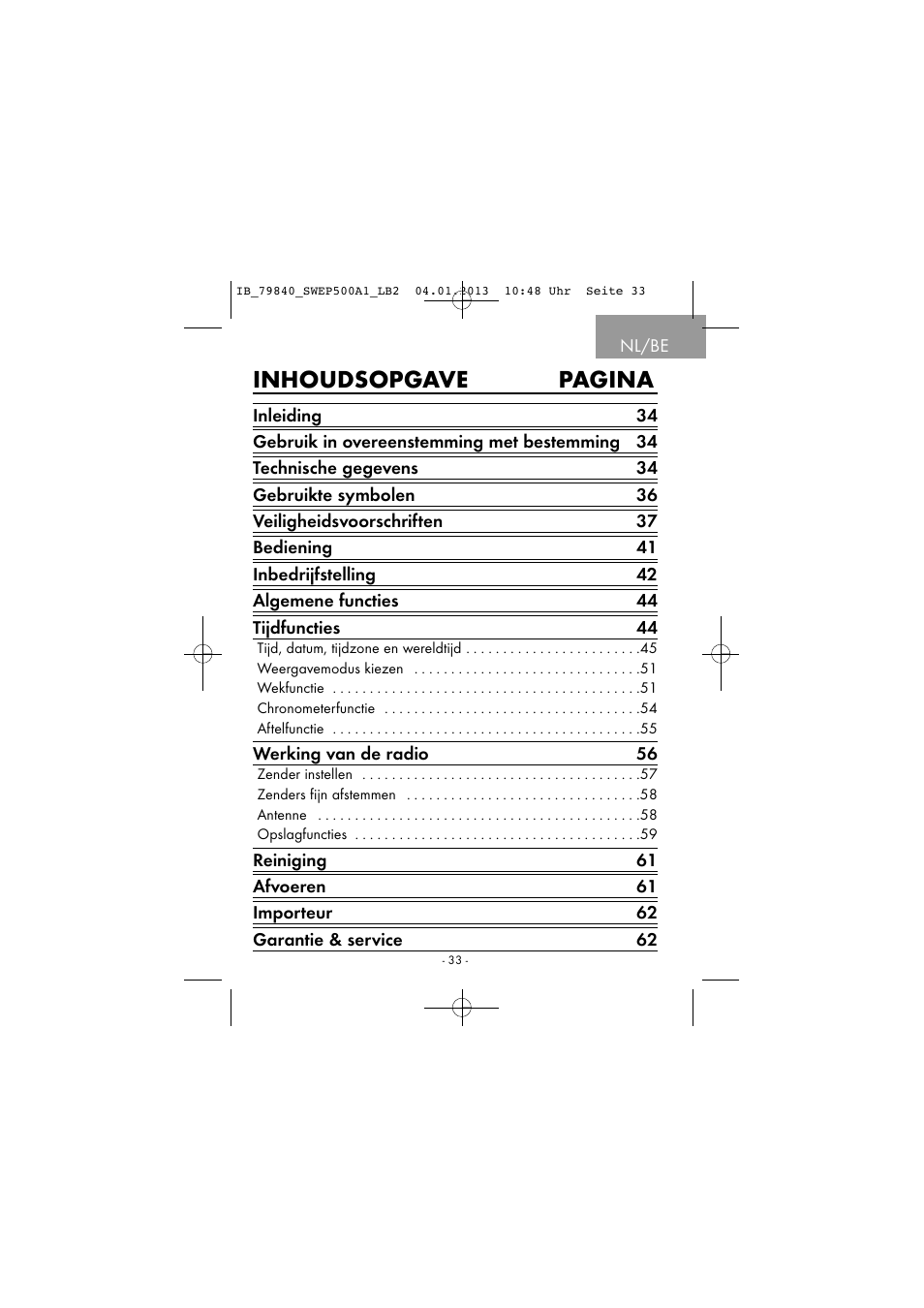 Inhoudsopgave pagina | Silvercrest SWEP 500 A1 User Manual | Page 36 / 131