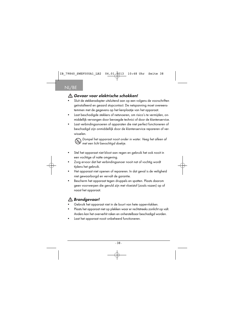 Nl/be, Gevaar voor elektrische schokken, Brandgevaar | Silvercrest SWEP 500 A1 User Manual | Page 41 / 131