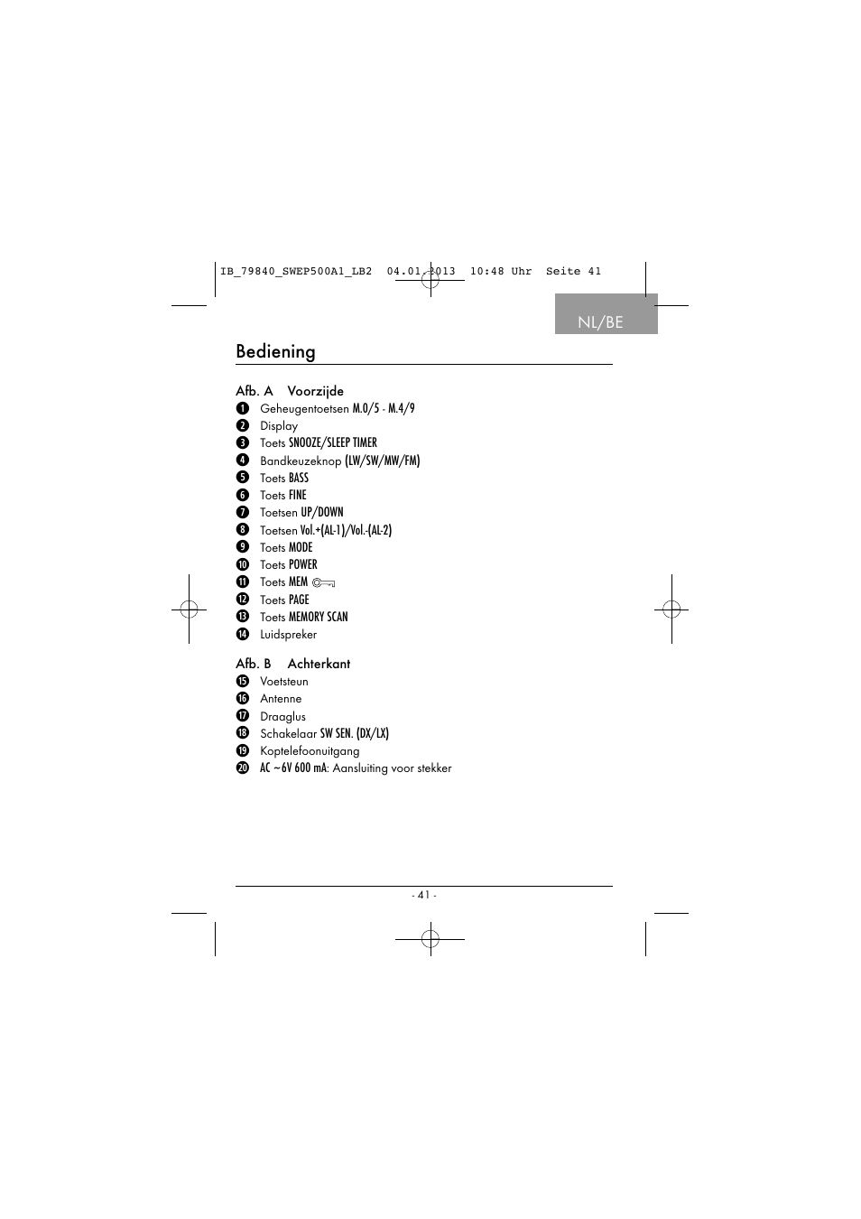 Bediening, Nl/be | Silvercrest SWEP 500 A1 User Manual | Page 44 / 131