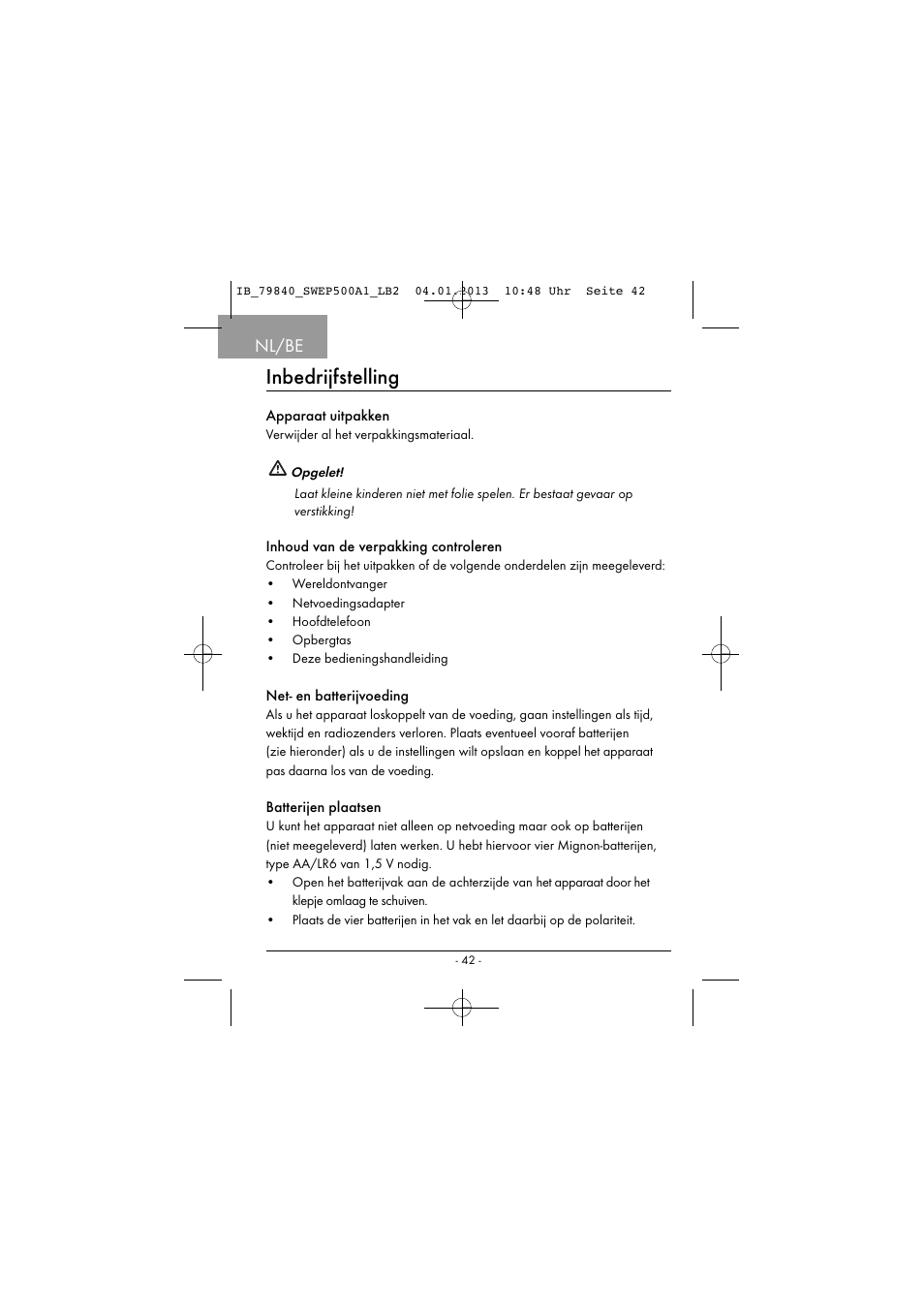 Inbedrijfstelling, Nl/be | Silvercrest SWEP 500 A1 User Manual | Page 45 / 131