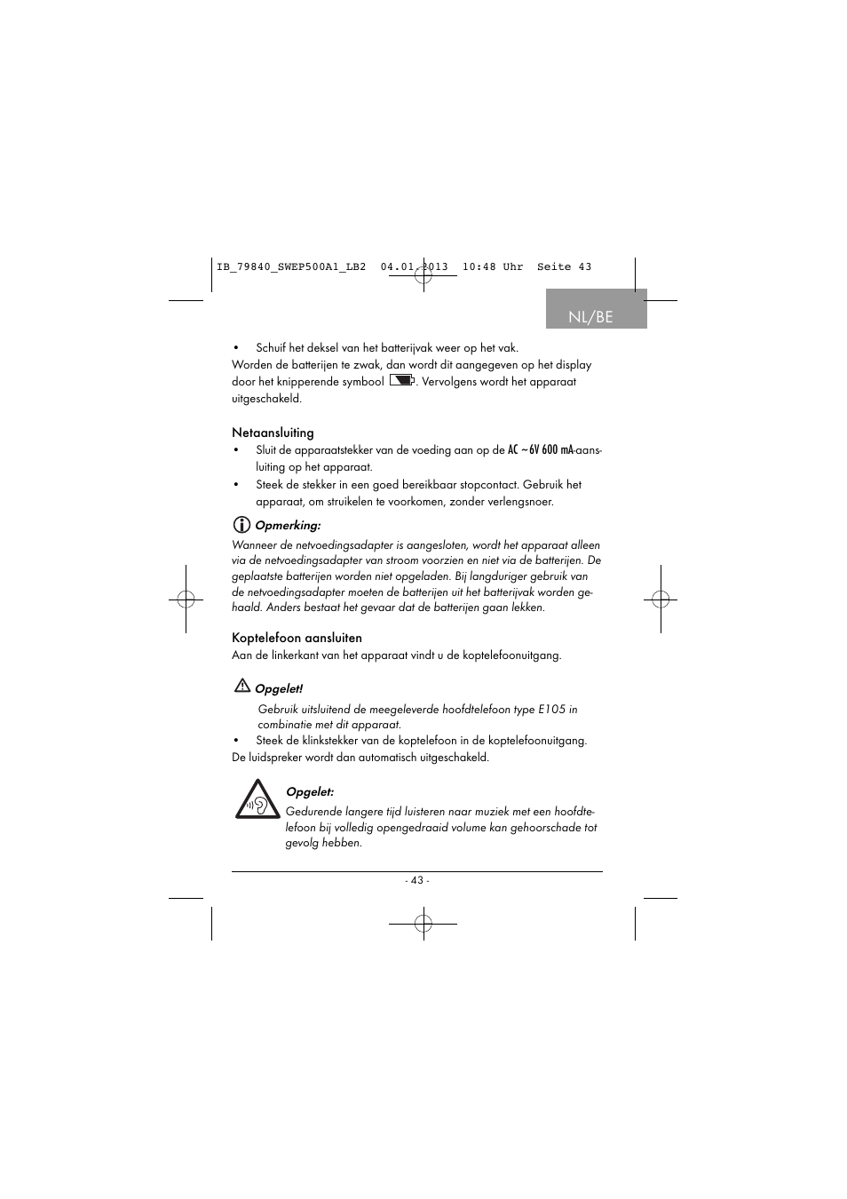 Nl/be | Silvercrest SWEP 500 A1 User Manual | Page 46 / 131