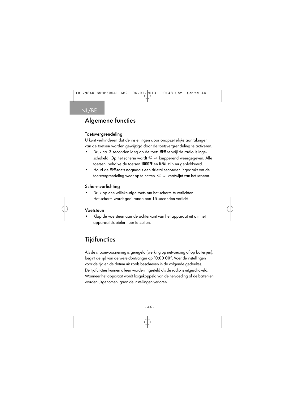 Algemene functies, Tijdfuncties, Nl/be | Silvercrest SWEP 500 A1 User Manual | Page 47 / 131