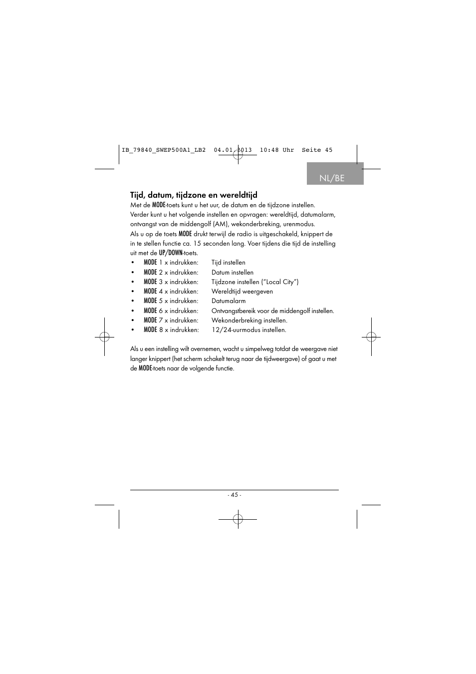 Nl/be, Tijd, datum, tijdzone en wereldtijd | Silvercrest SWEP 500 A1 User Manual | Page 48 / 131