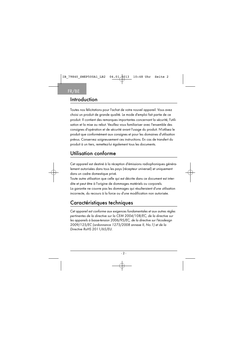 Introduction, Utilisation conforme, Caractéristiques techniques | Fr/be | Silvercrest SWEP 500 A1 User Manual | Page 5 / 131