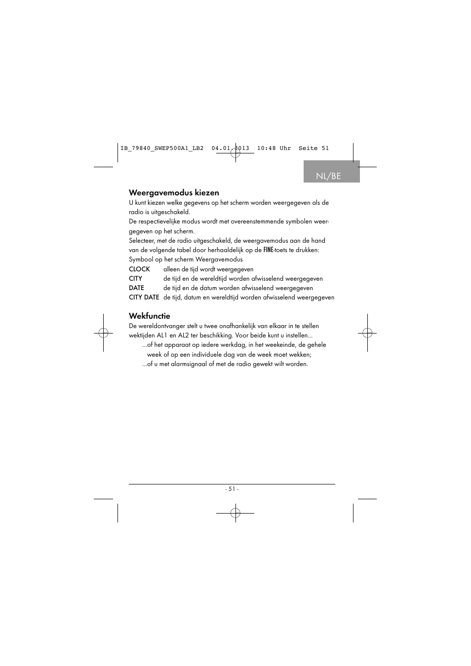 Nl/be, Weergavemodus kiezen, Wekfunctie | Silvercrest SWEP 500 A1 User Manual | Page 54 / 131