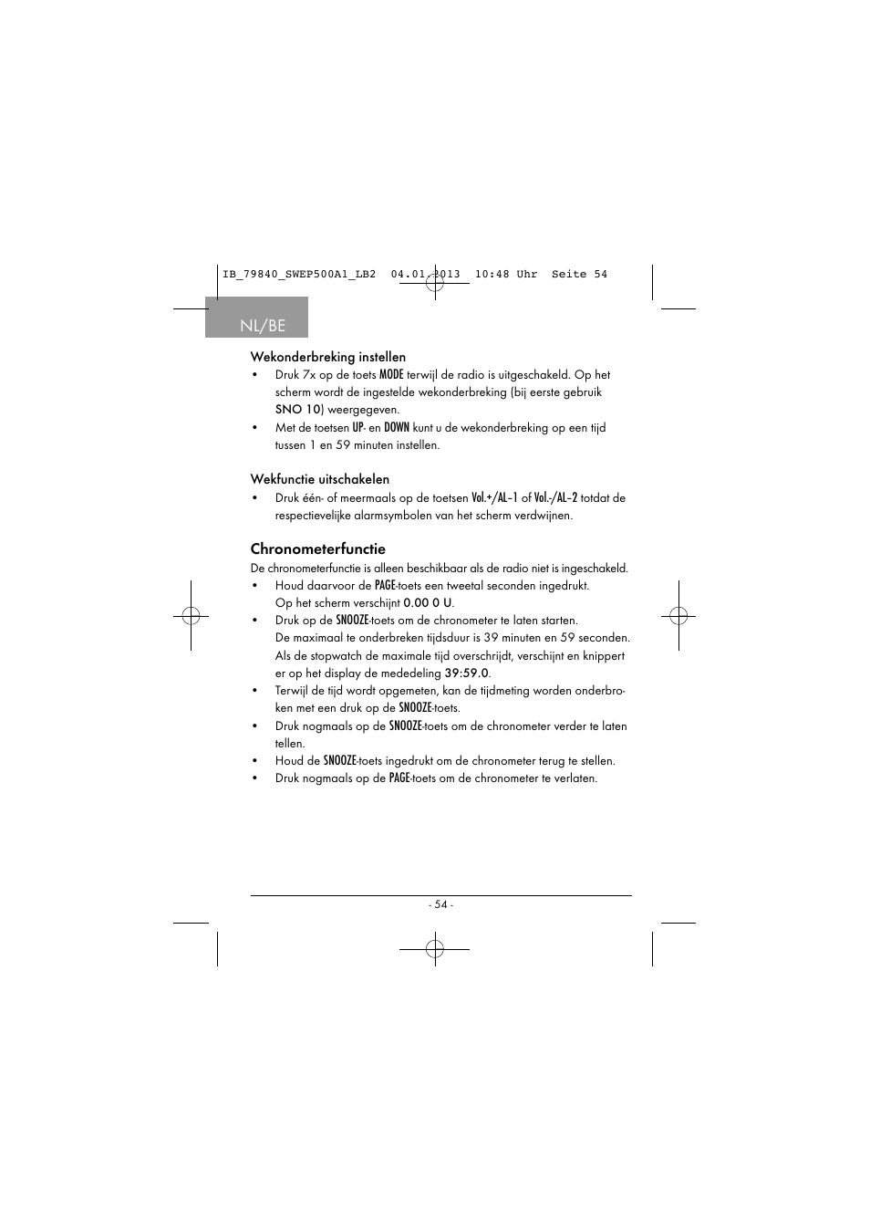 Nl/be, Chronometerfunctie | Silvercrest SWEP 500 A1 User Manual | Page 57 / 131