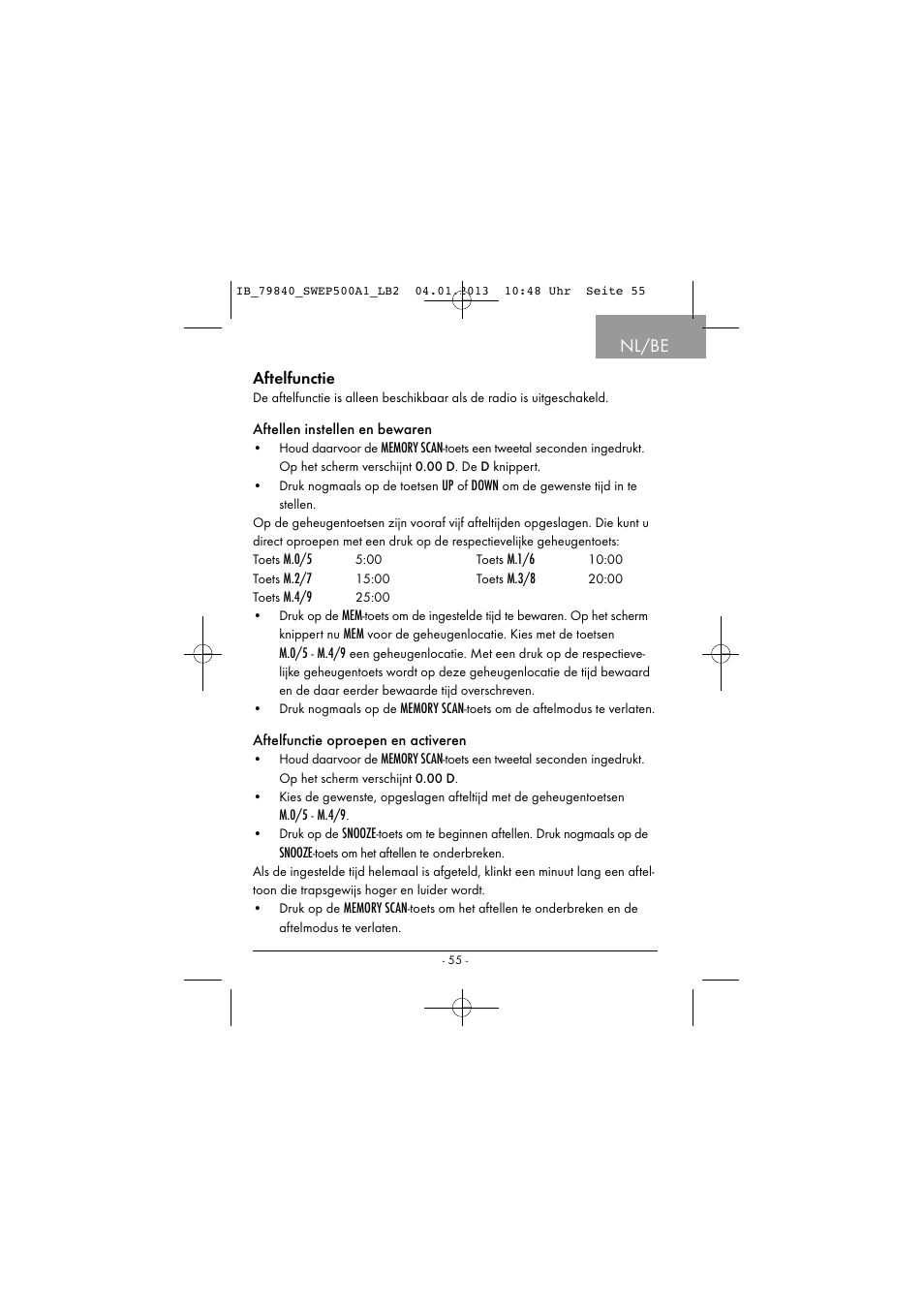 Nl/be, Aftelfunctie | Silvercrest SWEP 500 A1 User Manual | Page 58 / 131