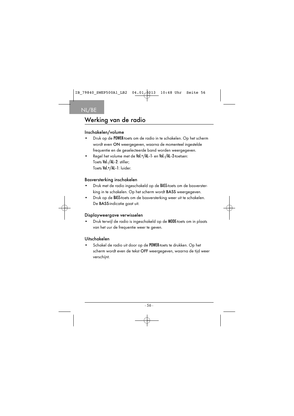 Werking van de radio, Nl/be | Silvercrest SWEP 500 A1 User Manual | Page 59 / 131