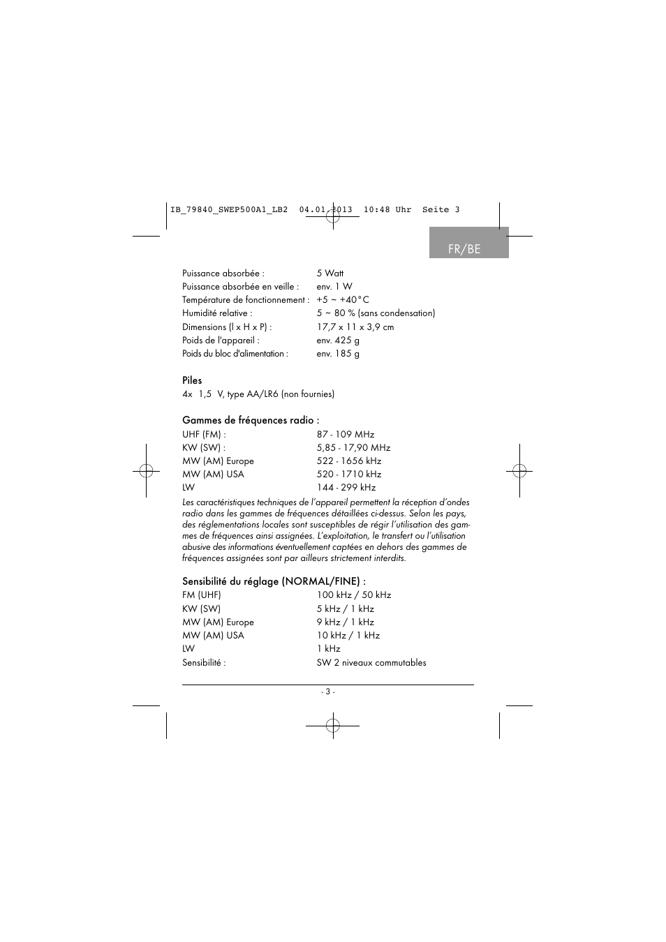 Fr/be | Silvercrest SWEP 500 A1 User Manual | Page 6 / 131