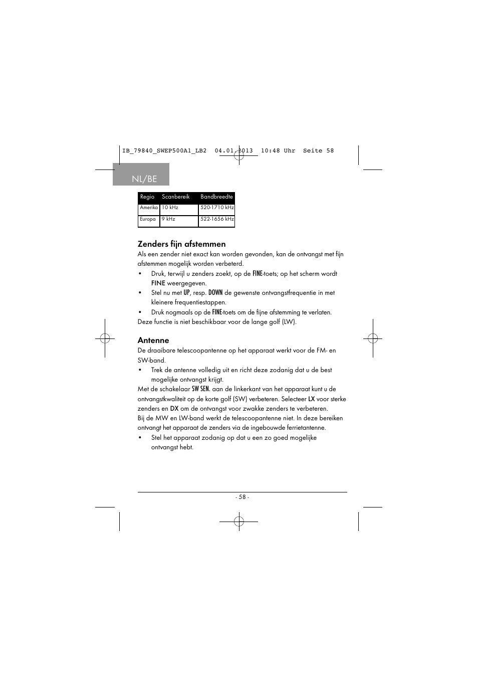 Nl/be, Zenders fijn afstemmen, Antenne | Silvercrest SWEP 500 A1 User Manual | Page 61 / 131
