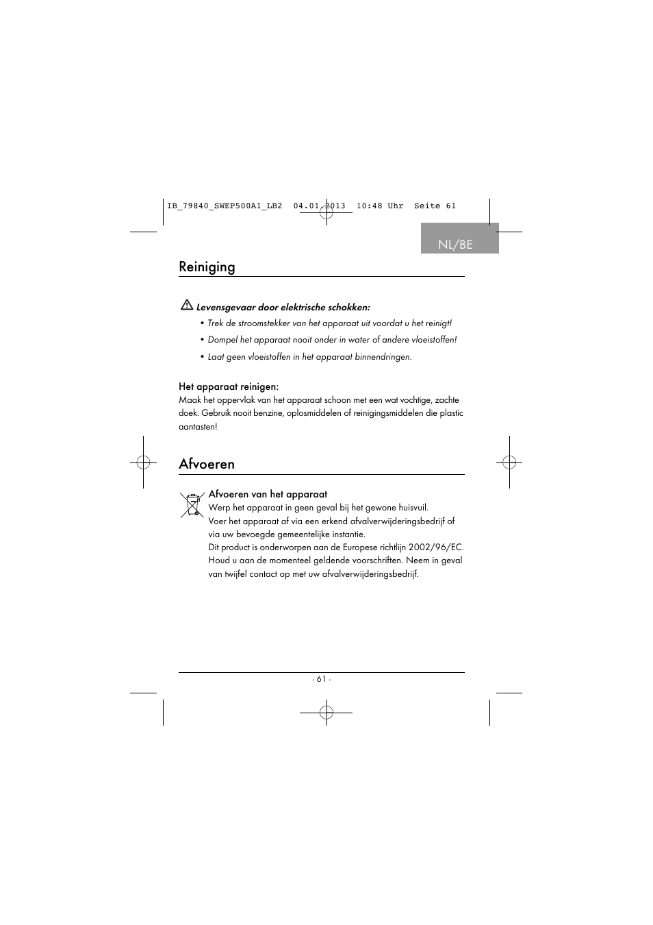 Reiniging, Afvoeren, Nl/be | Silvercrest SWEP 500 A1 User Manual | Page 64 / 131