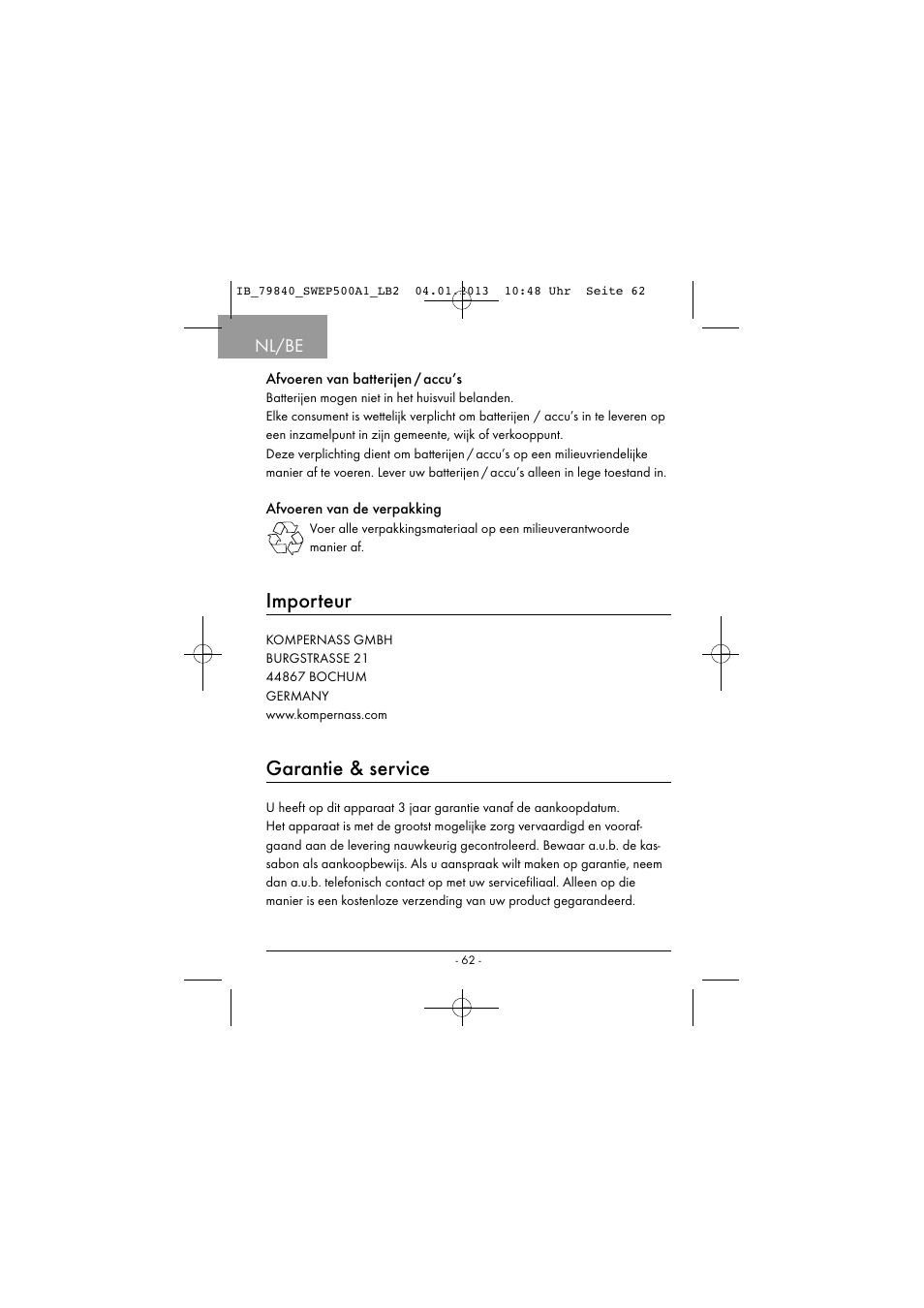 Importeur, Garantie & service, Nl/be | Silvercrest SWEP 500 A1 User Manual | Page 65 / 131